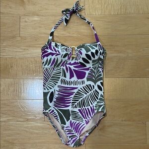 Lands End Womens One Piece Purple & Green Tropical Swimsuit Size 6 Built in Bra